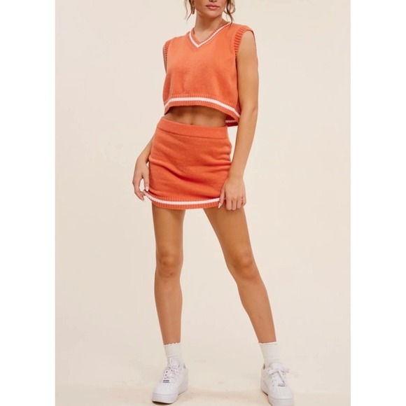 Mimosa Dresses & Skirts - NWT Mimosa Preppy Varsity Cheer Orange Two Piece‎ Vest Mini Skirt Knit Set S